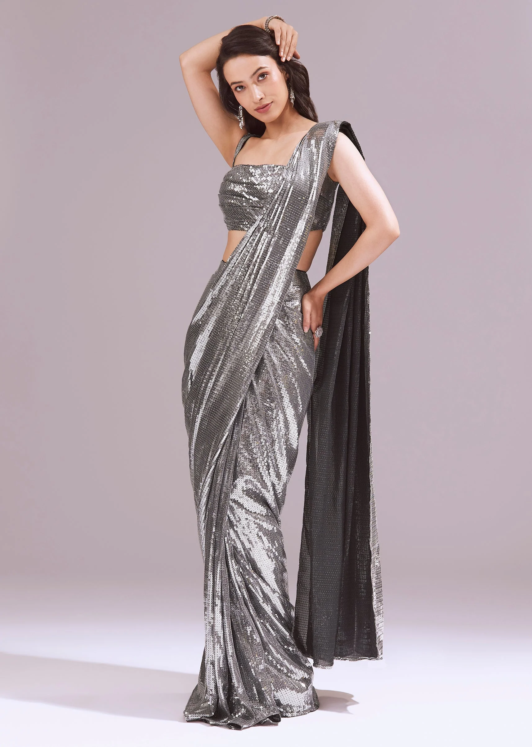 Black And Grey Ready Pleated Sequins Saree Set With Cowl Neck Blouse