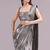 Black And Grey Ready Pleated Sequins Saree Set With Cowl Neck Blouse