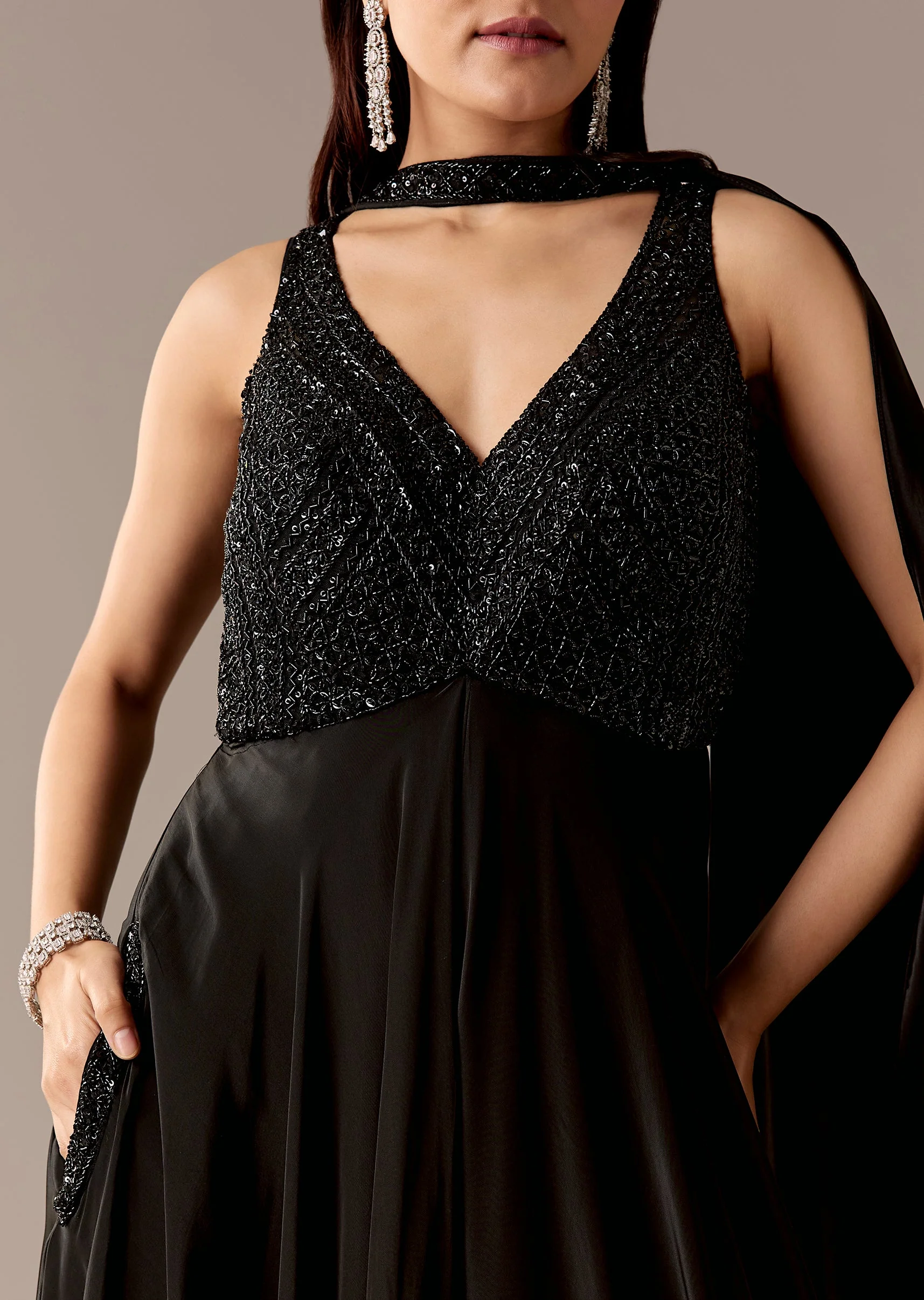 Black Embellished Jumpsuit With Choker Dupatta