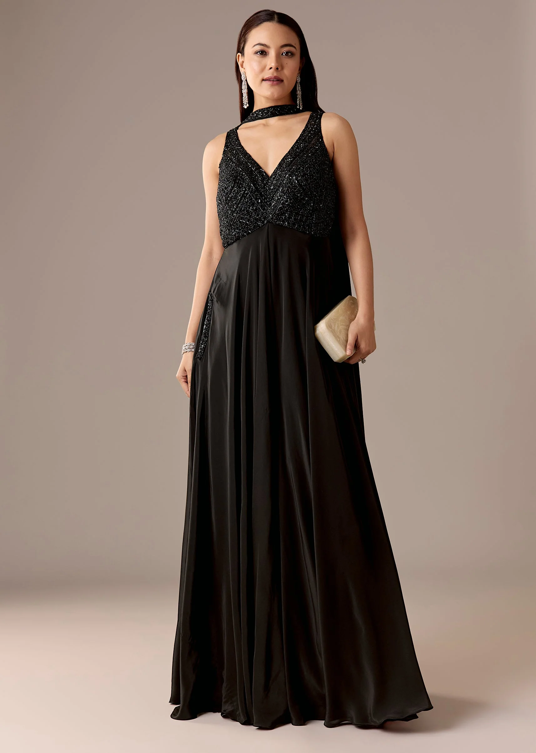 Black Embellished Jumpsuit With Choker Dupatta