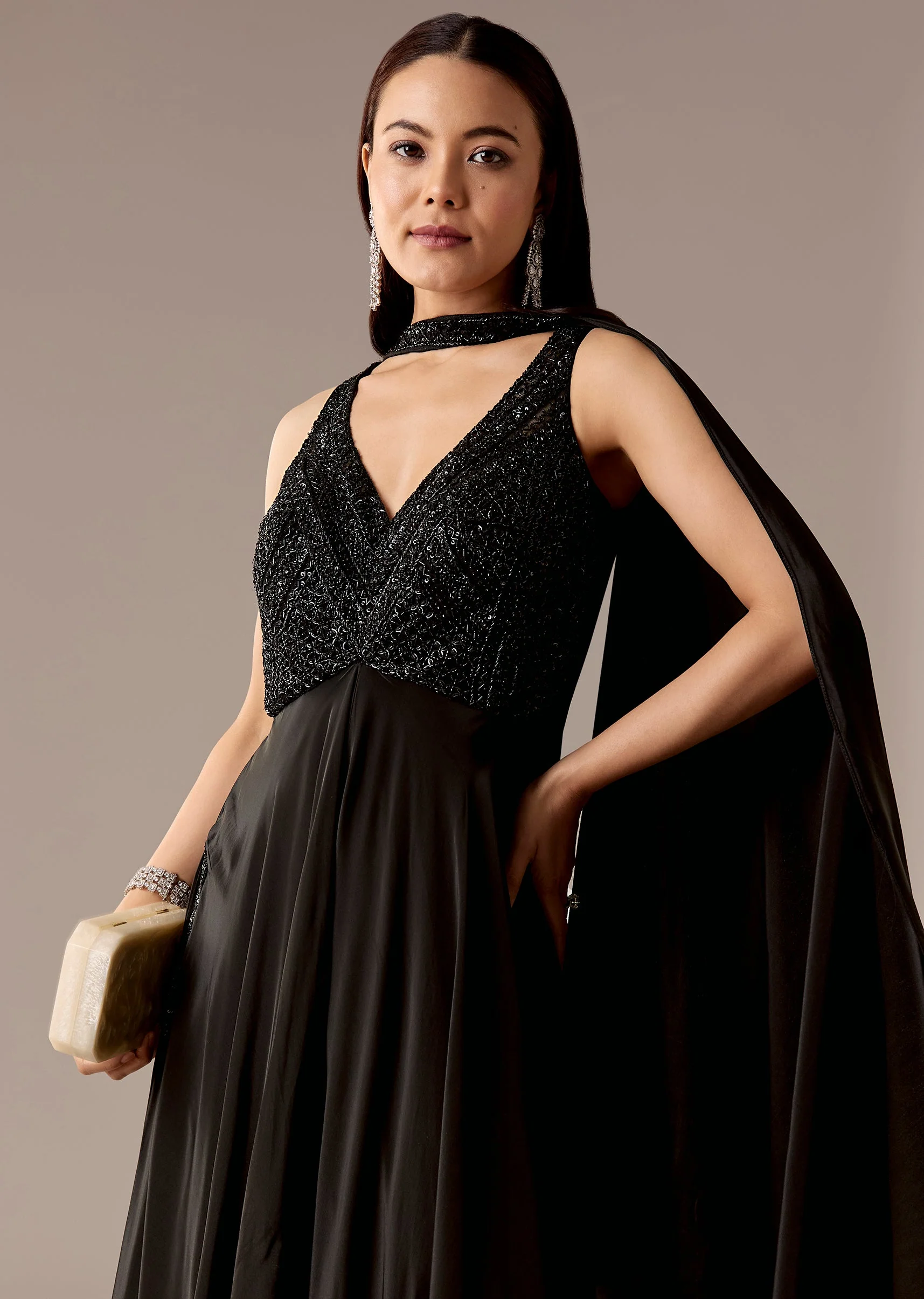 Black Embellished Jumpsuit With Choker Dupatta