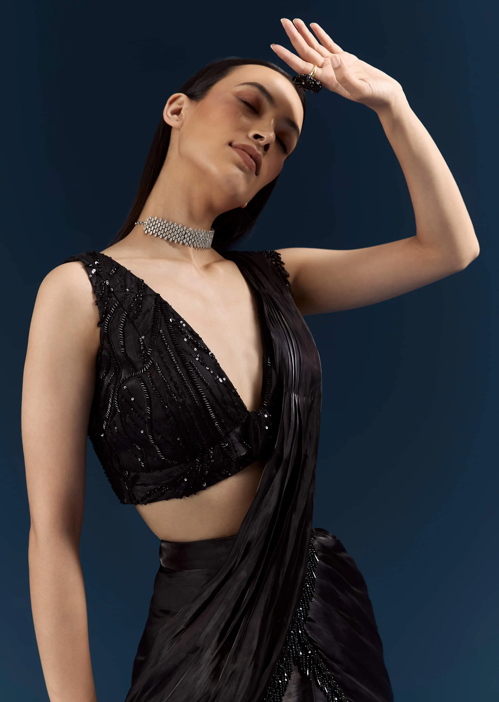 Black Organza Ready Pleated Saree With Heavy Embroidery