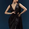 Black Organza Ready Pleated Saree With Heavy Embroidery