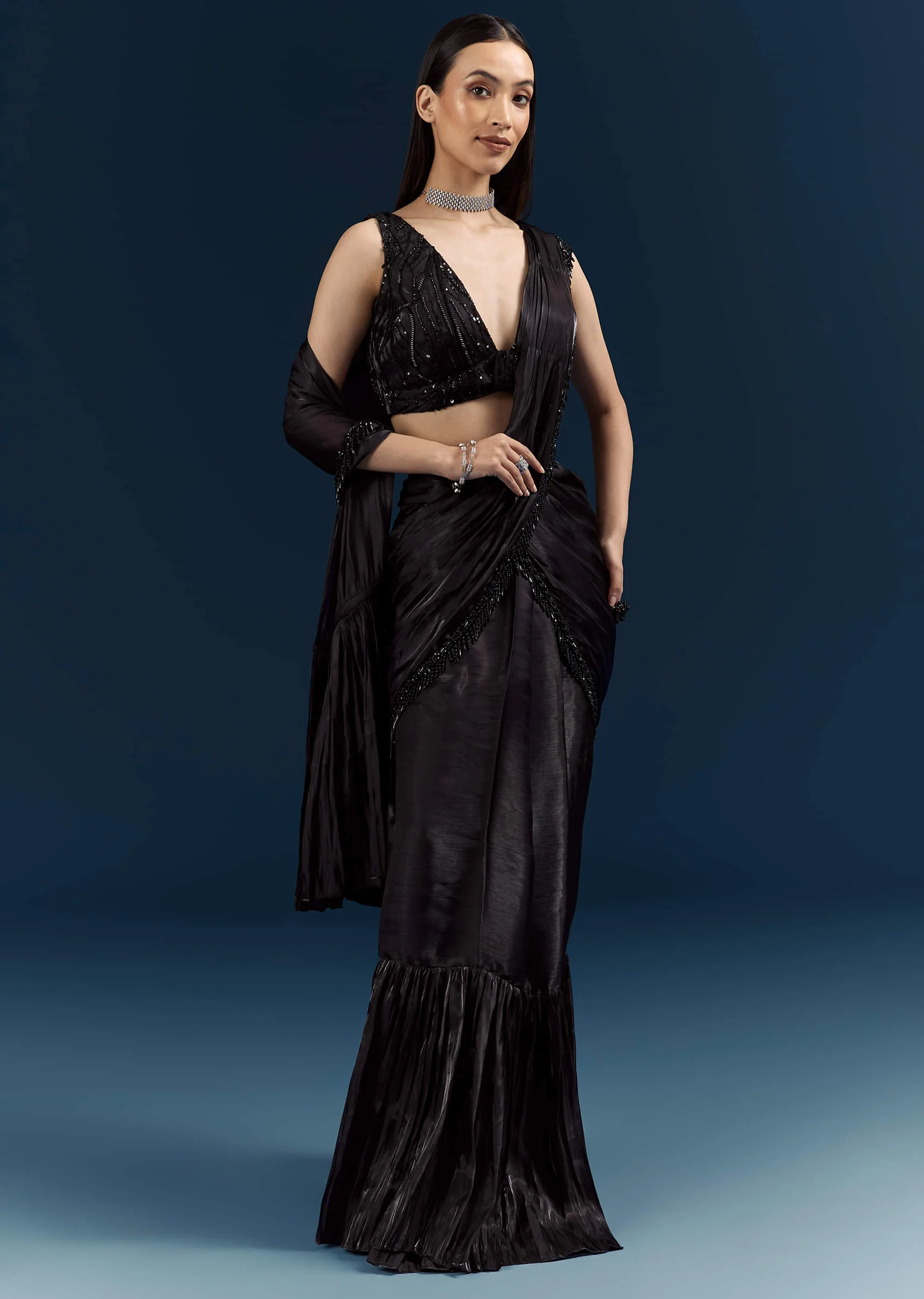 Black Organza Ready Pleated Saree With Heavy Embroidery