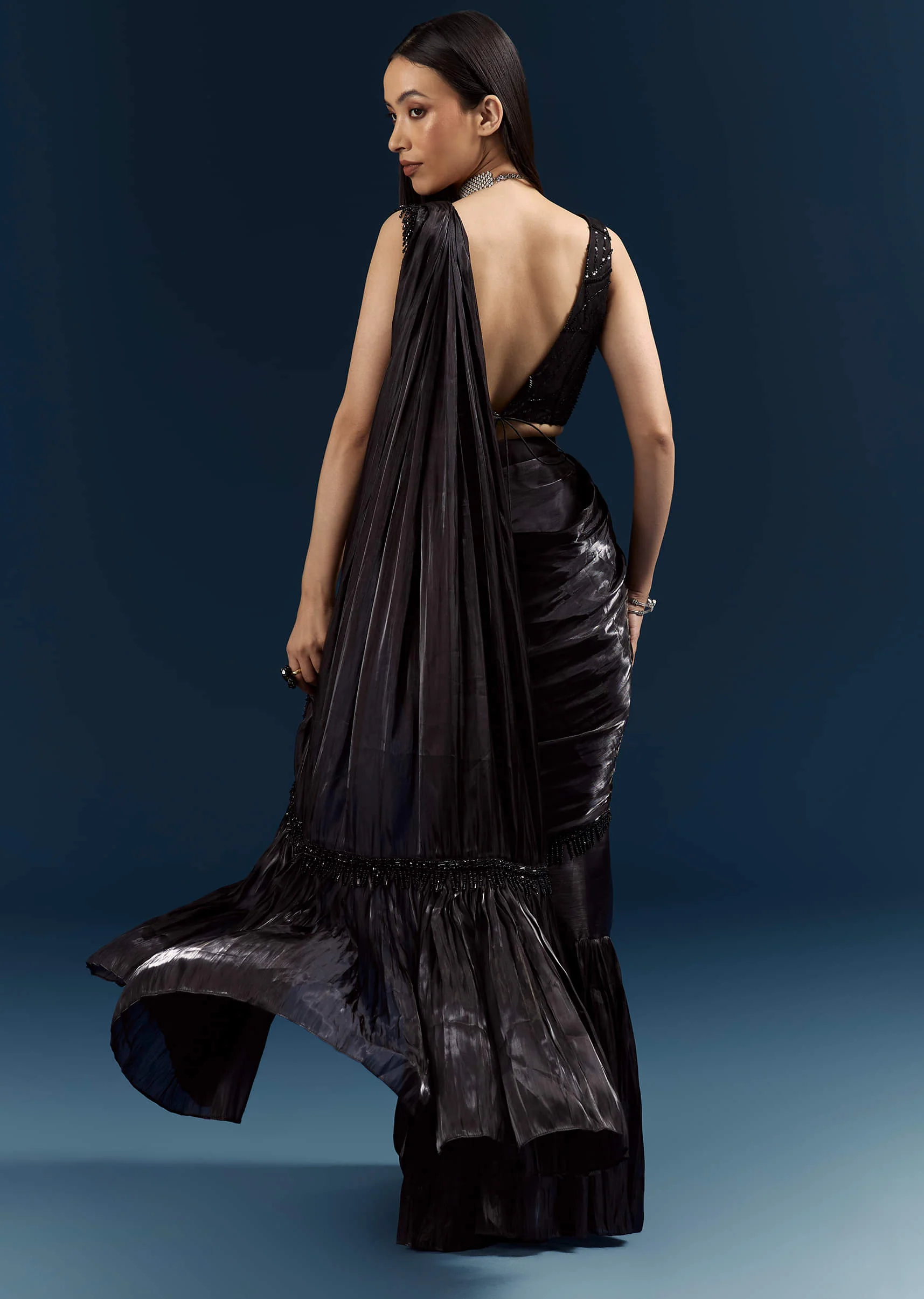 Black Organza Ready Pleated Saree With Heavy Embroidery