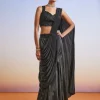 Black Satin Ready Pleated Saree With Embroidered Blouse And Belt