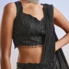 Black Satin Ready Pleated Saree With Embroidered Blouse And Belt