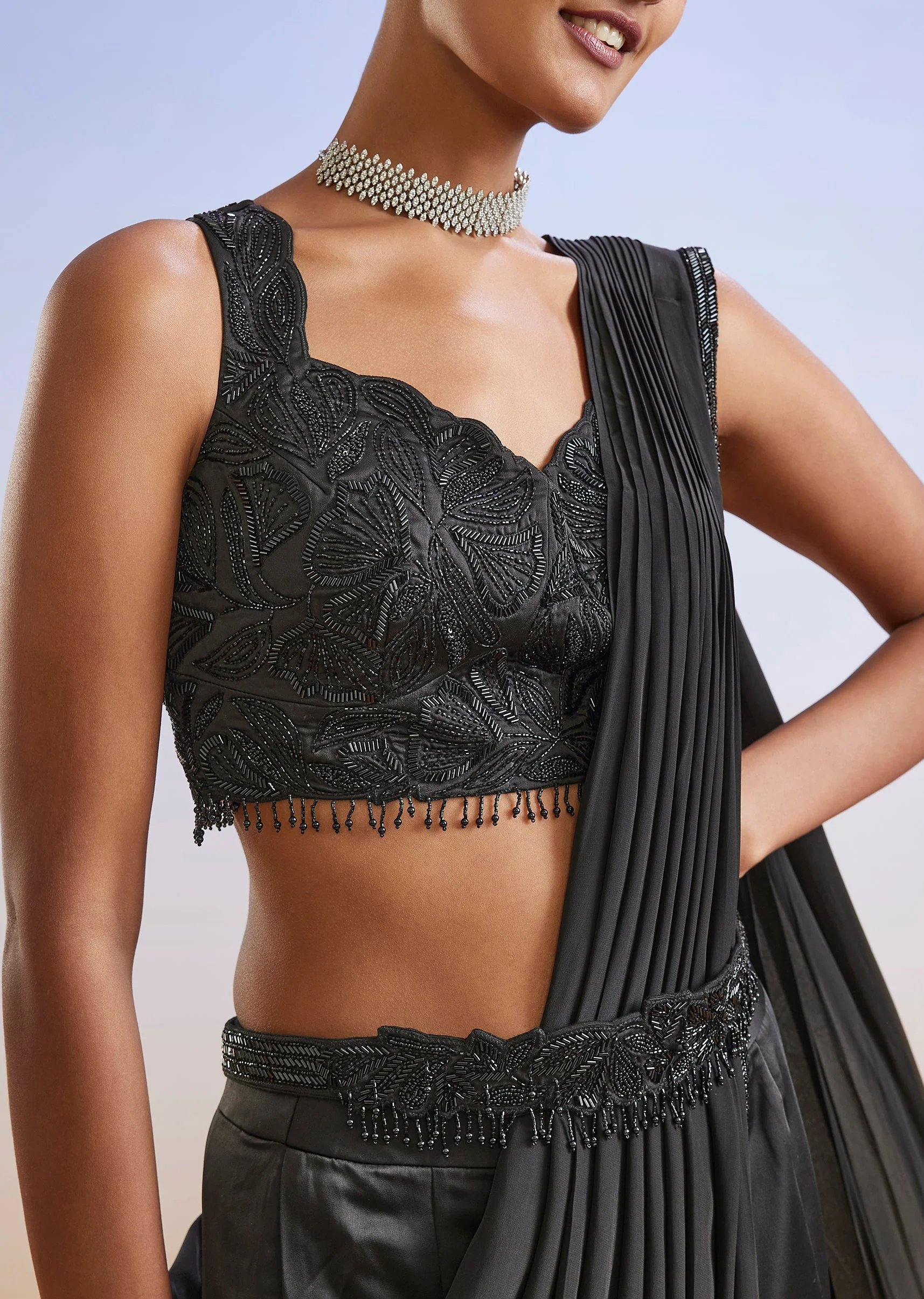 Black Satin Ready Pleated Saree With Embroidered Blouse And Belt