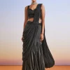 Black Satin Ready Pleated Saree With Embroidered Blouse And Belt