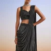 Black Satin Ready Pleated Saree With Embroidered Blouse And Belt