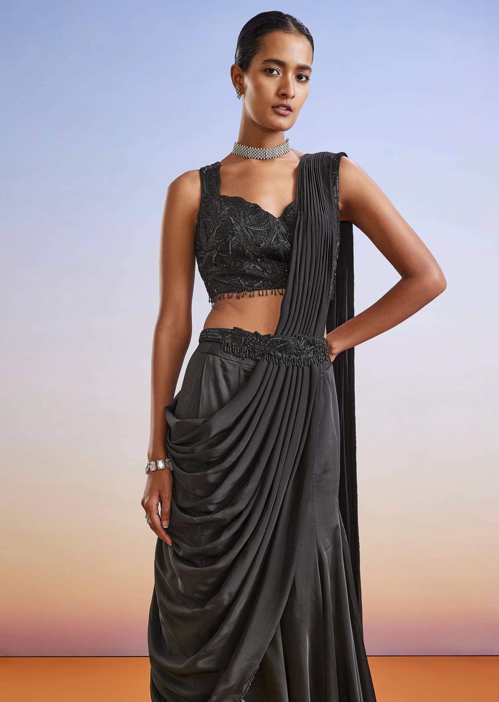 Black Satin Ready Pleated Saree With Embroidered Blouse And Belt