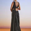 Black Satin Ready Pleated Saree With Embroidered Blouse And Belt