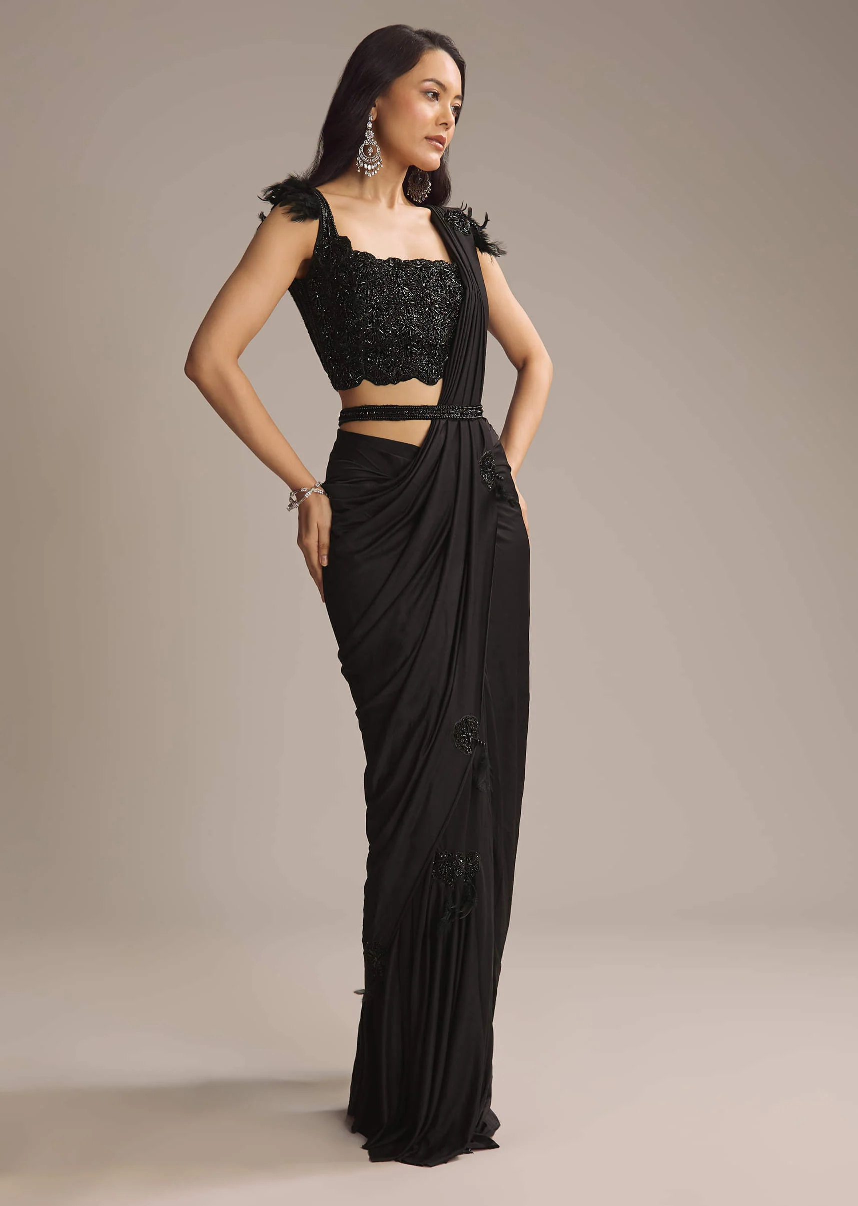 Black Lycra Ready Pleated Saree With Cutdana Work