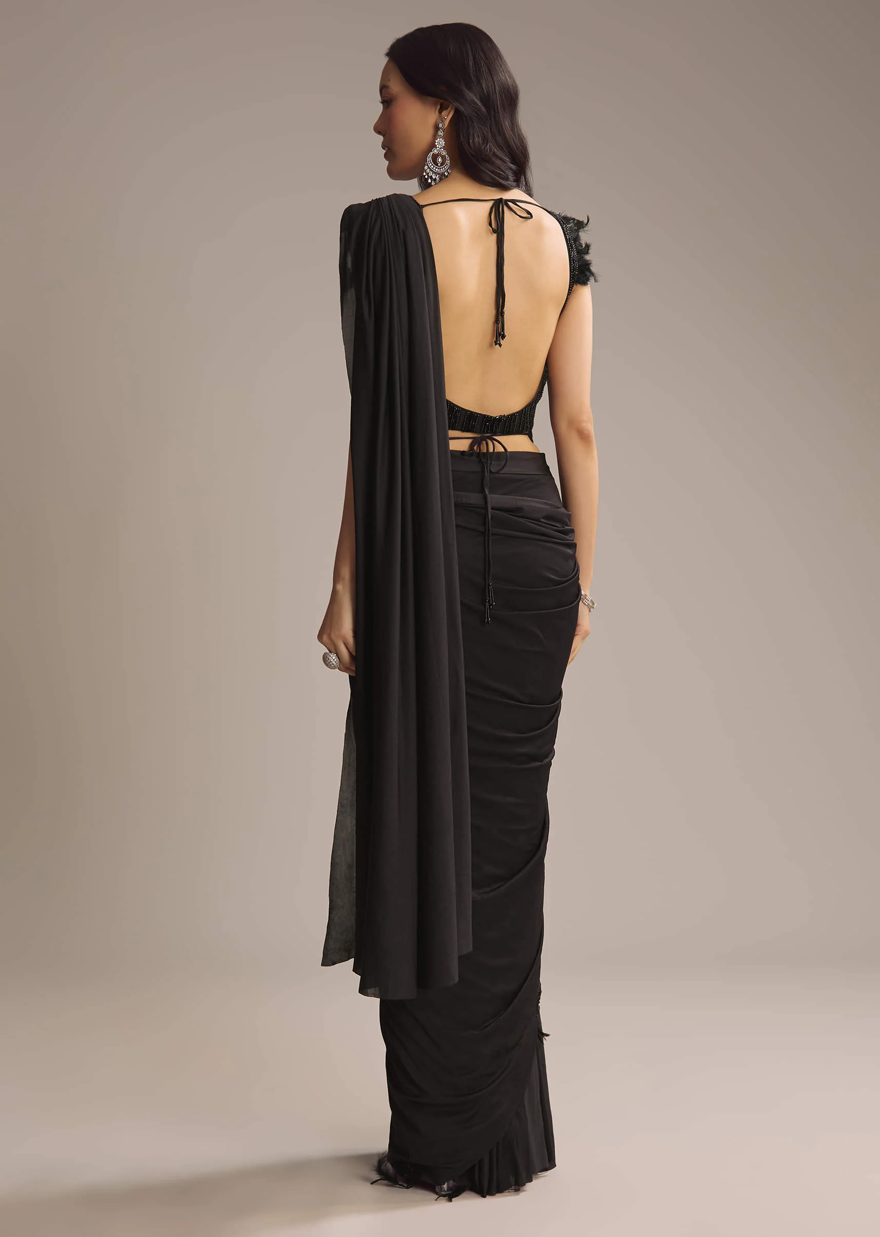 Black Lycra Ready Pleated Saree With Cutdana Work