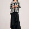 Black Crop Top Skirt And Embroidered Jacket Set