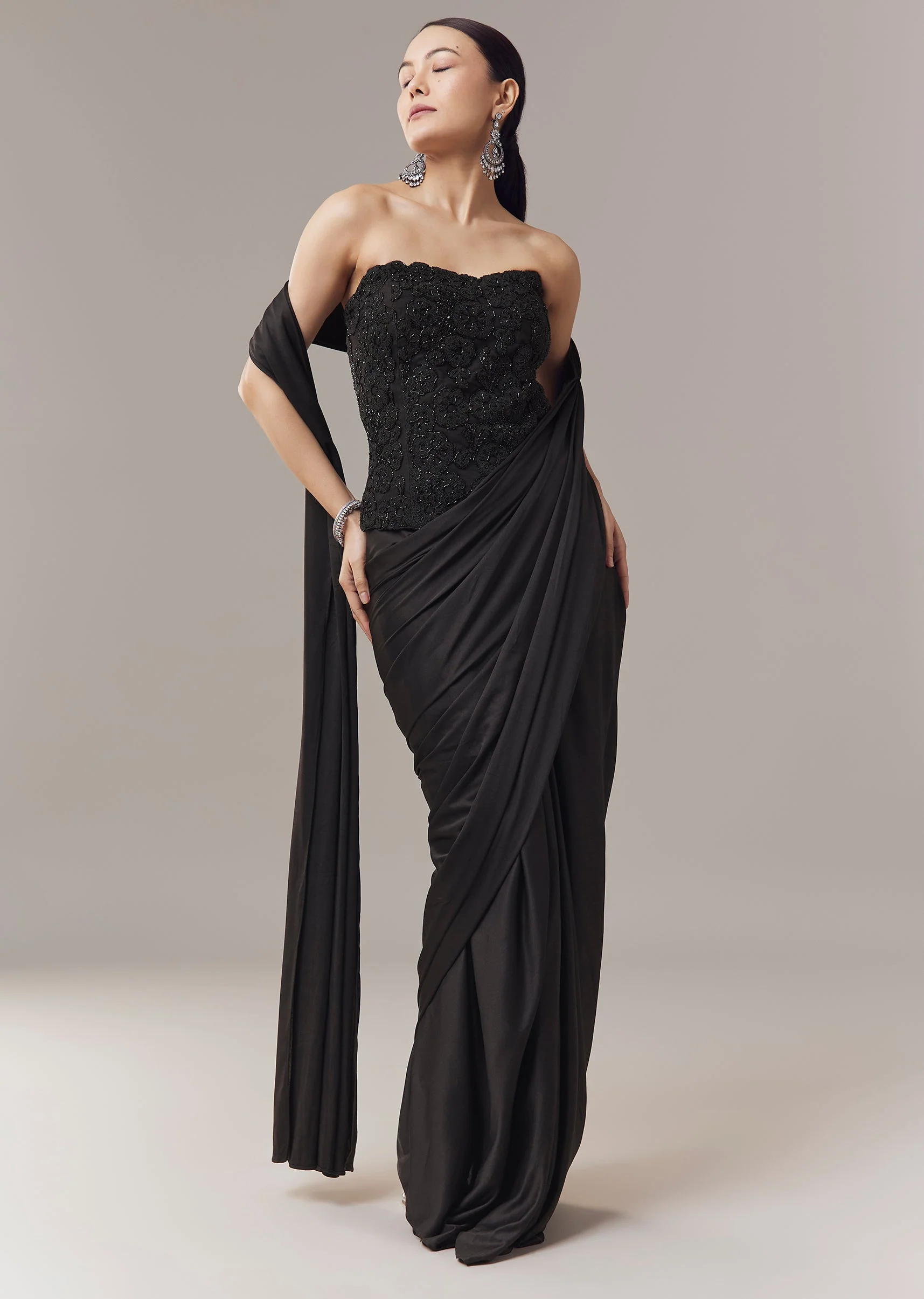 3953-black-ready-pleated-corset-saree-with-thread-and-cut-dana-work-1.webp Black Ready Pleated Corset Saree With Thread And Cut Dana Work
