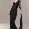 Black Ready Pleated Corset Saree With Thread And Cut Dana Work