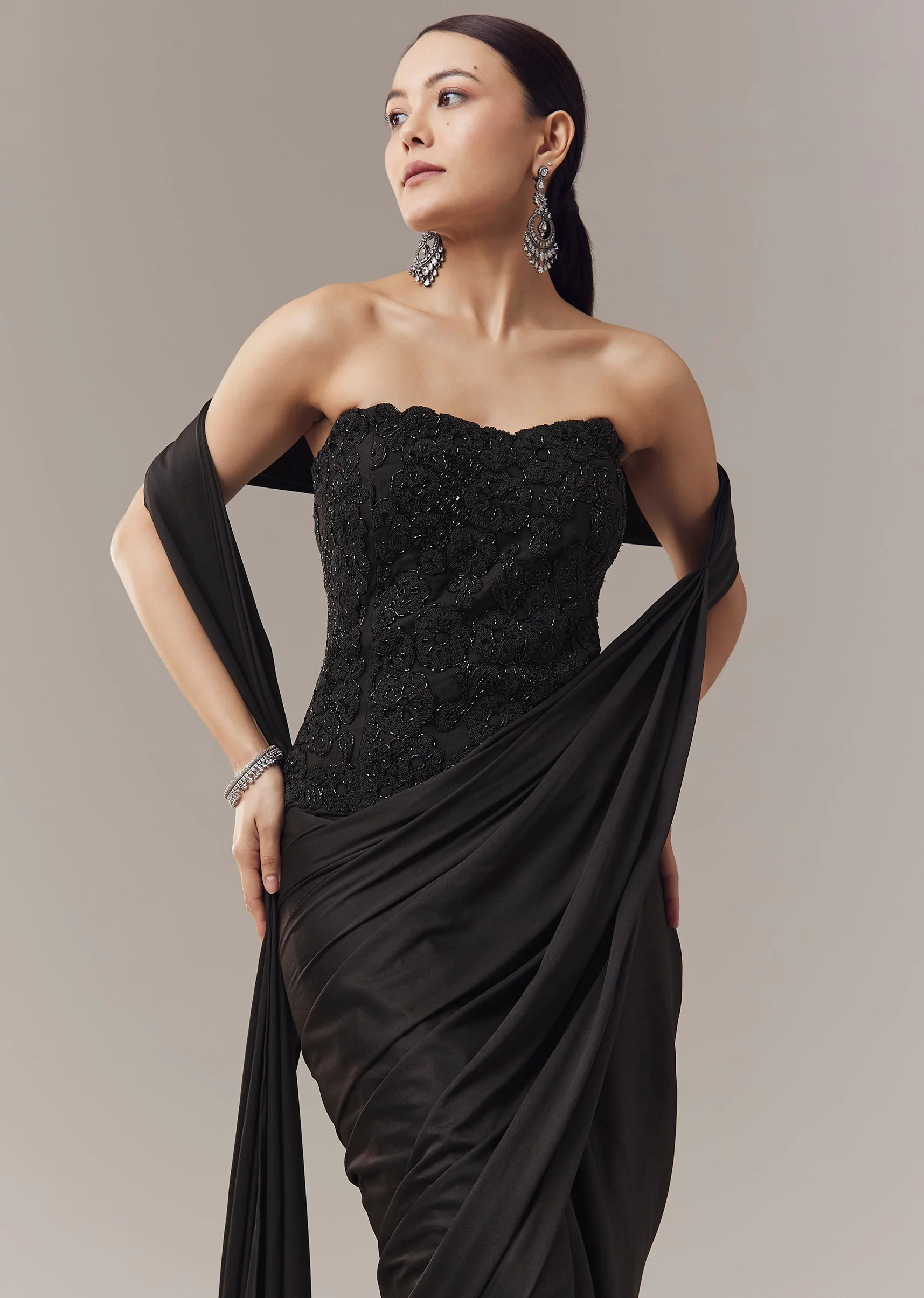 Black Ready Pleated Corset Saree With Thread And Cut Dana Work