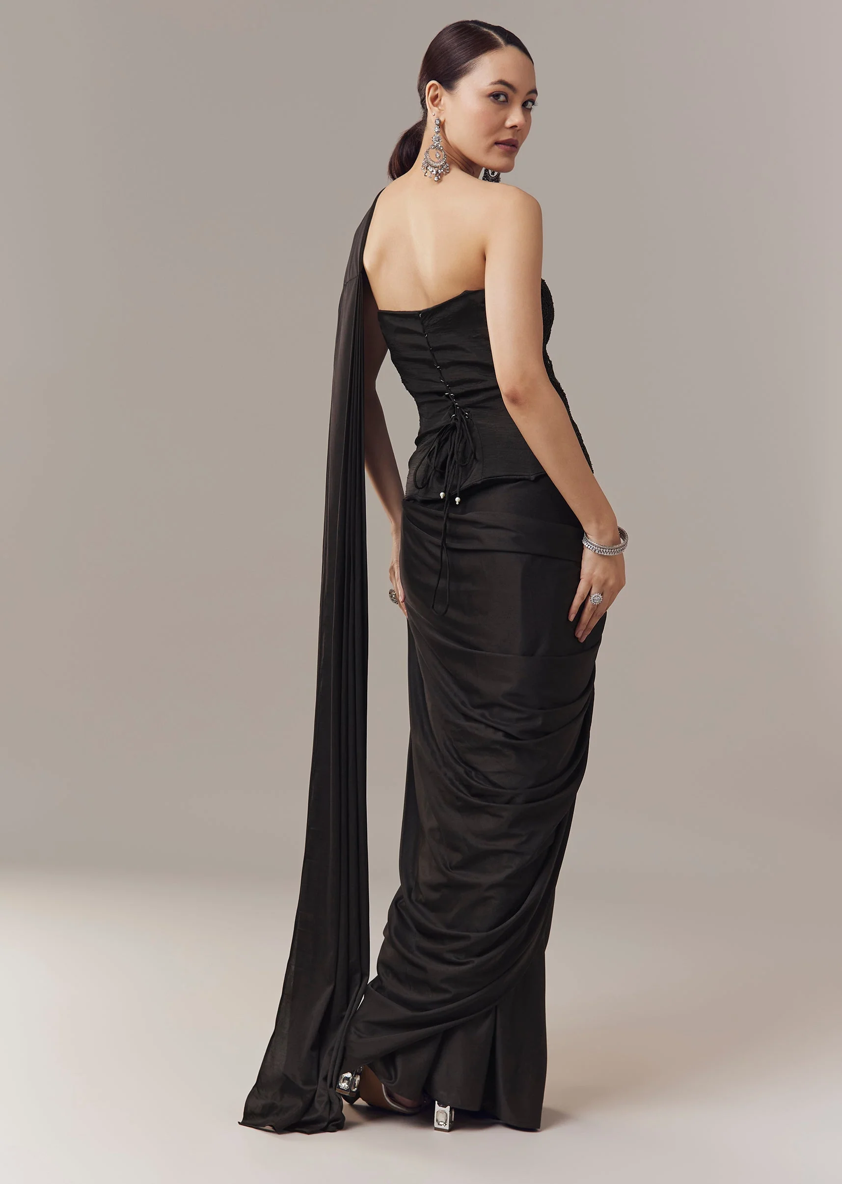 Black Ready Pleated Corset Saree With Thread And Cut Dana Work