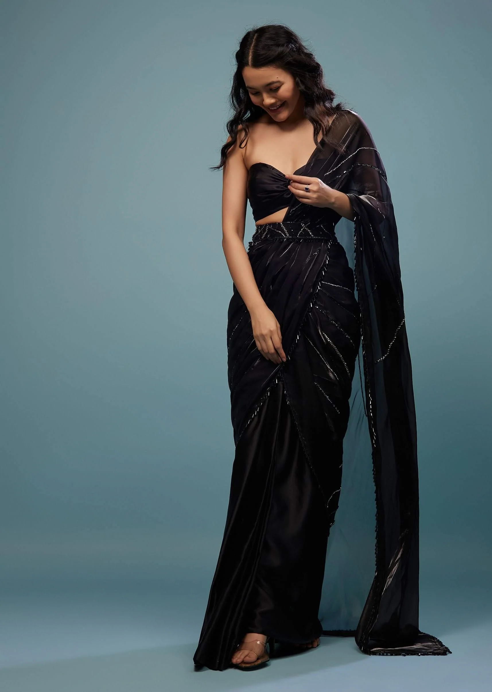 3982-jet-black-embroidered-ready-pleated-organza-saree-1.webp Jet Black Embroidered Ready-Pleated Organza Saree