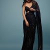 Jet Black Embroidered Ready-Pleated Organza Saree