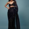 Jet Black Embroidered Ready-Pleated Organza Saree