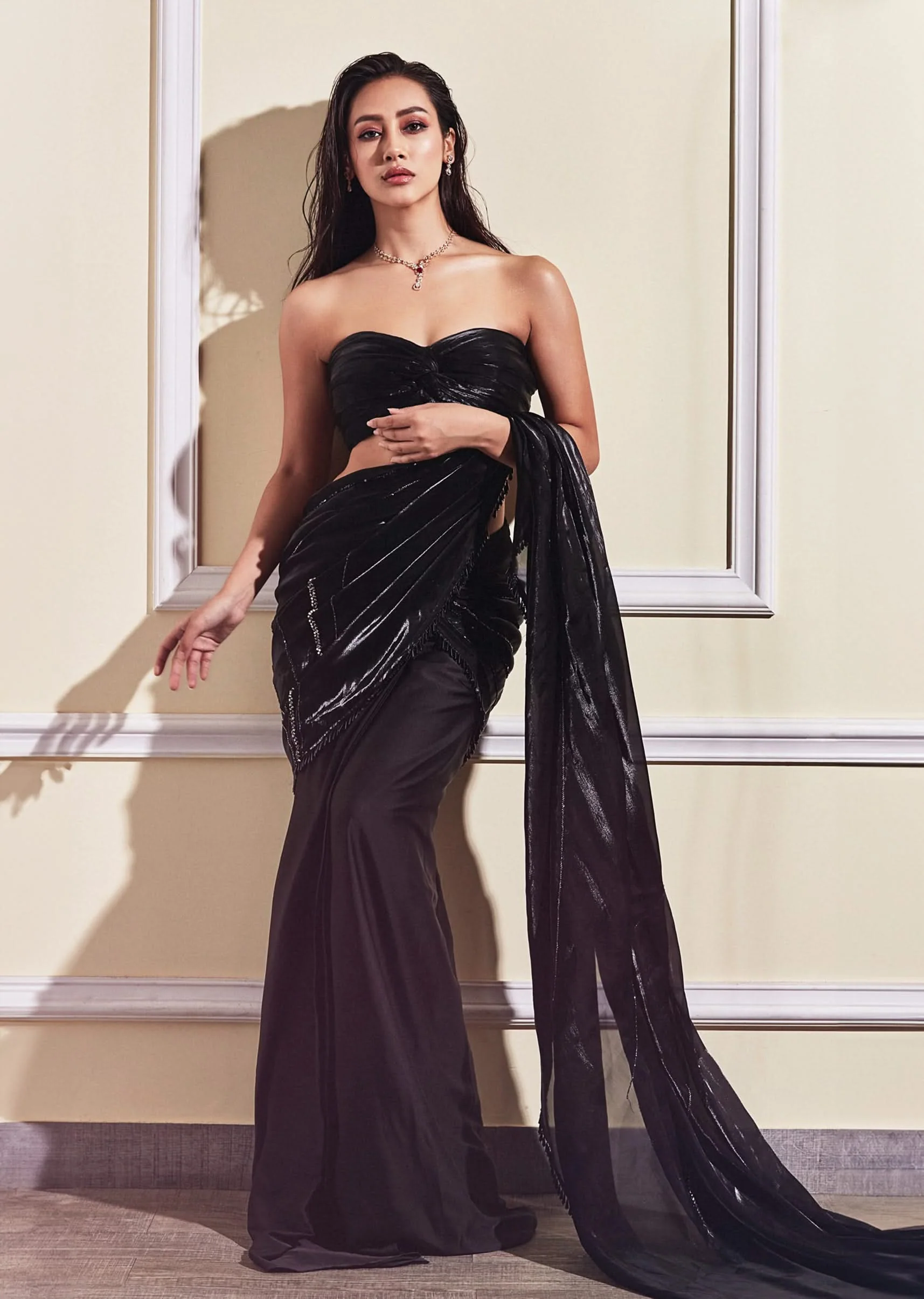 Jet Black Embroidered Ready-Pleated Organza Saree