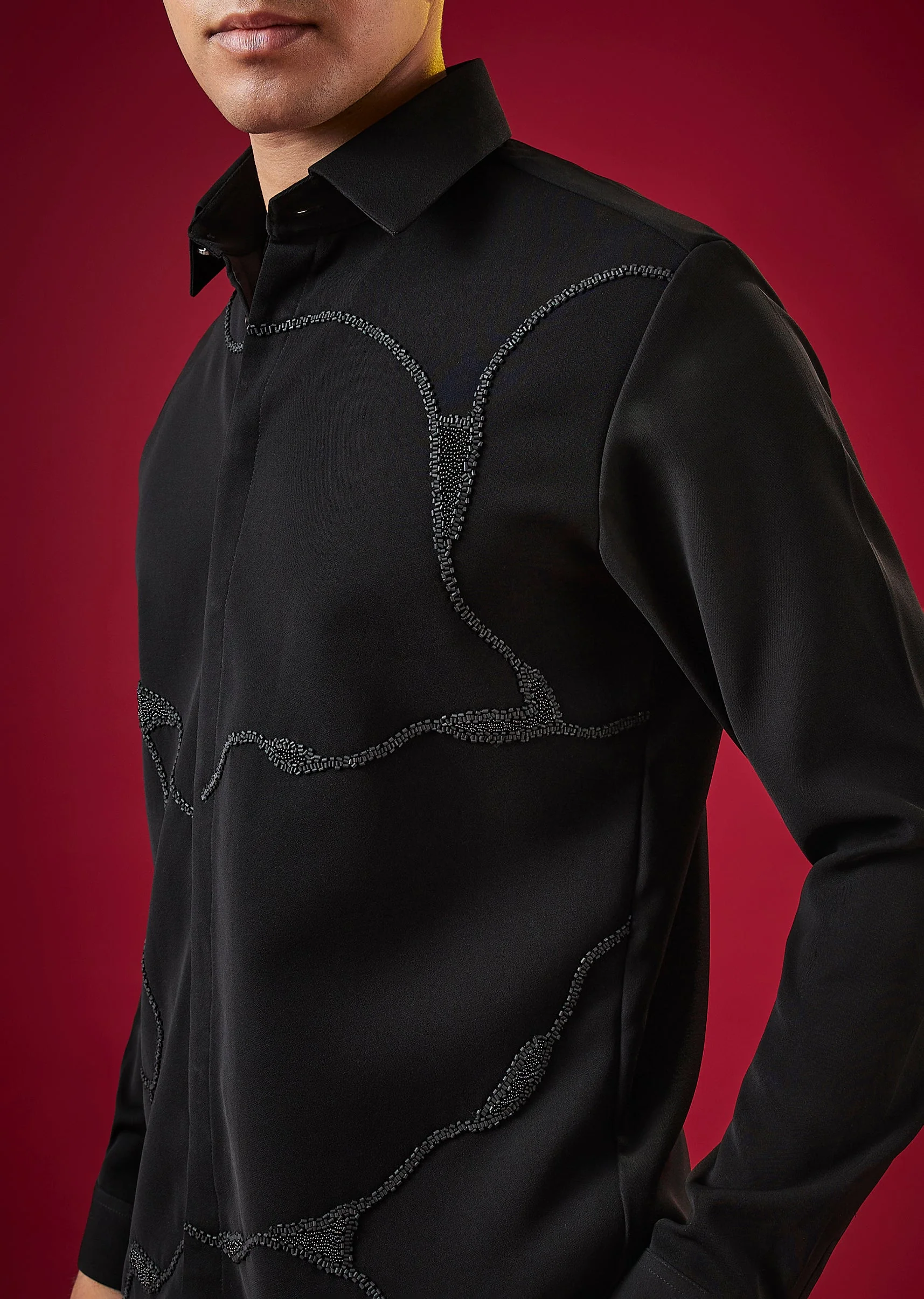 Black Viscose Cutdana And Bead Embroidered Mens Shirt