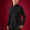 Black Viscose Cutdana And Bead Embroidered Mens Shirt