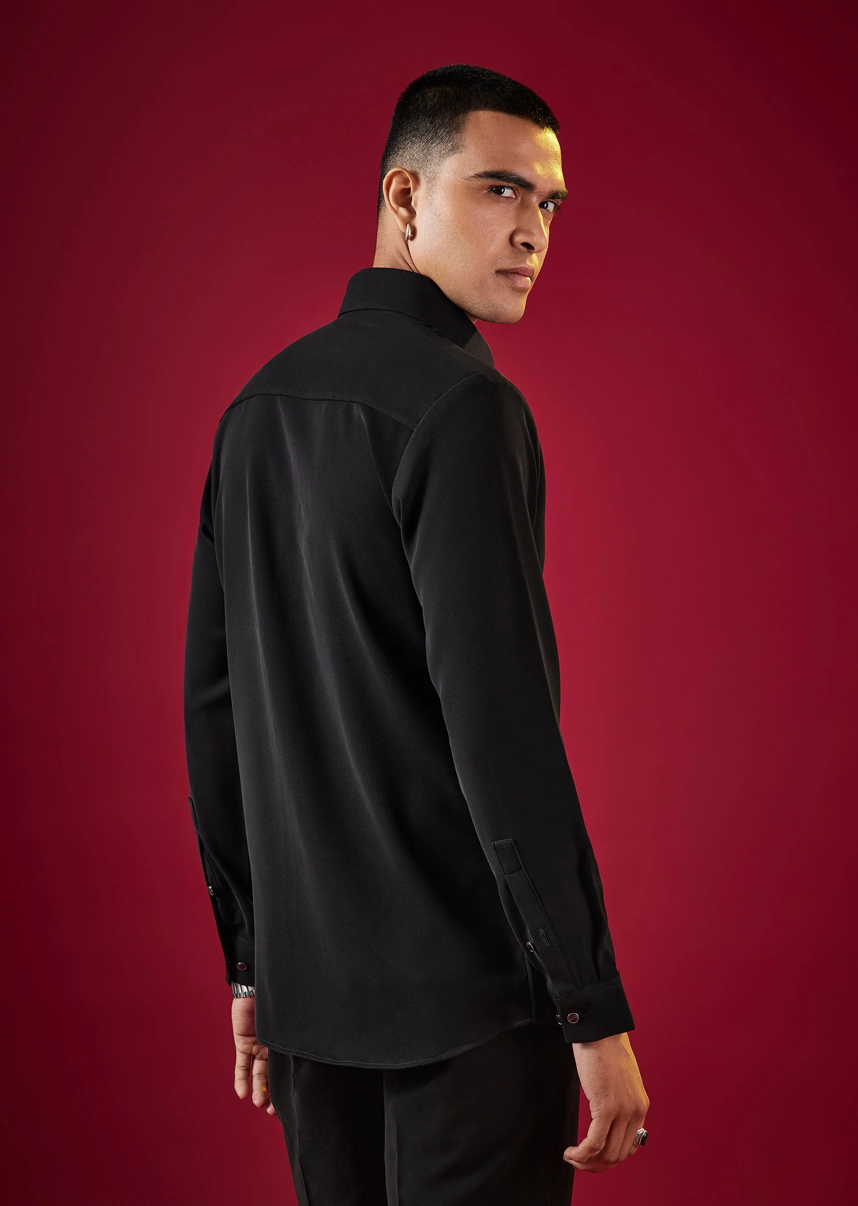 Black Viscose Cutdana And Bead Embroidered Mens Shirt