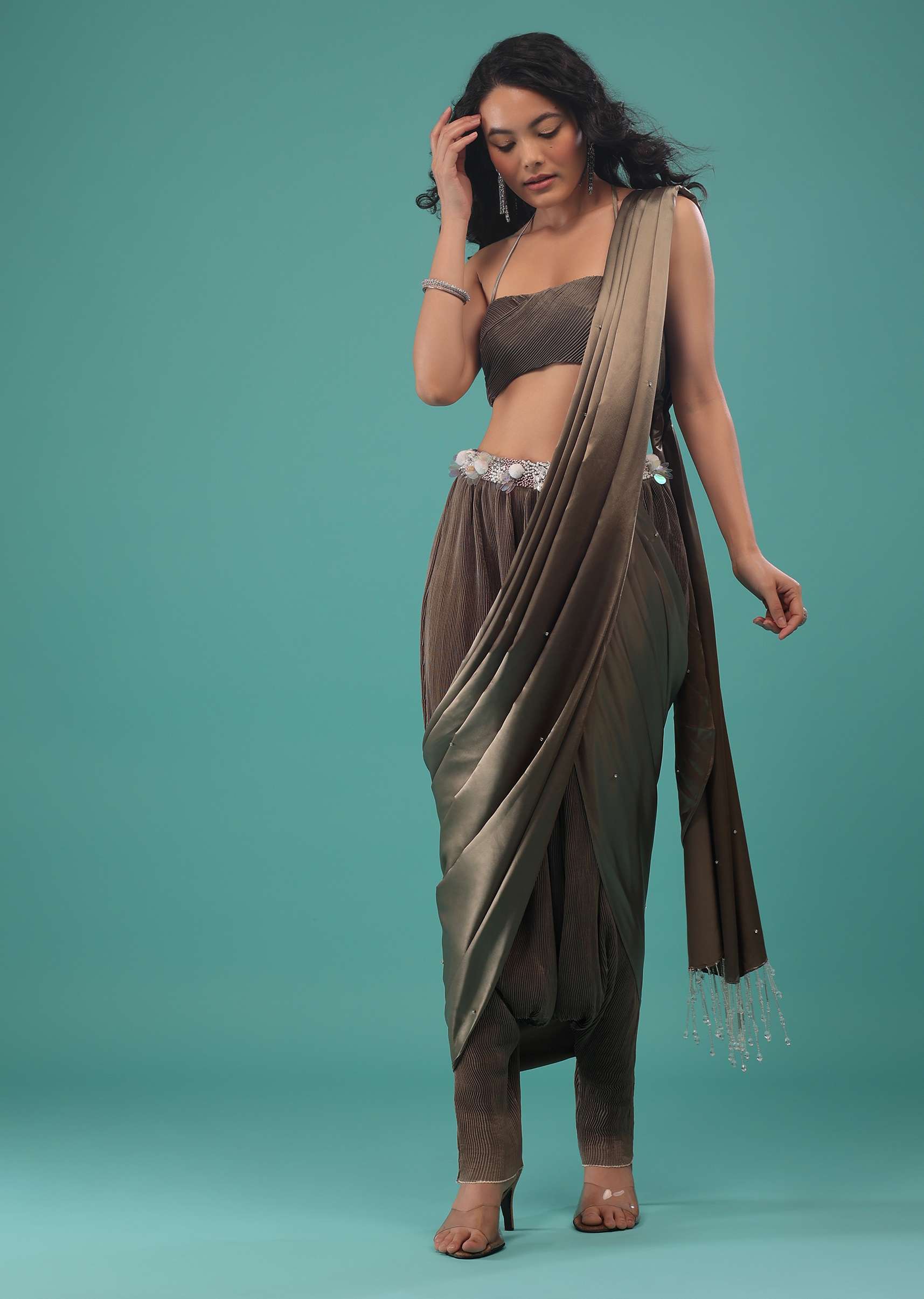 40-fossil-brown-pre-pleated-dhoti-saree-in-knitted-pleated-fabric-1.jpg Fossil Brown Pre-Pleated Dhoti Saree In Knitted Pleated Fabric