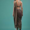 Fossil Brown Pre-Pleated Dhoti Saree In Knitted Pleated Fabric