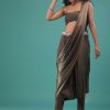 Fossil Brown Pre-Pleated Dhoti Saree In Knitted Pleated Fabric