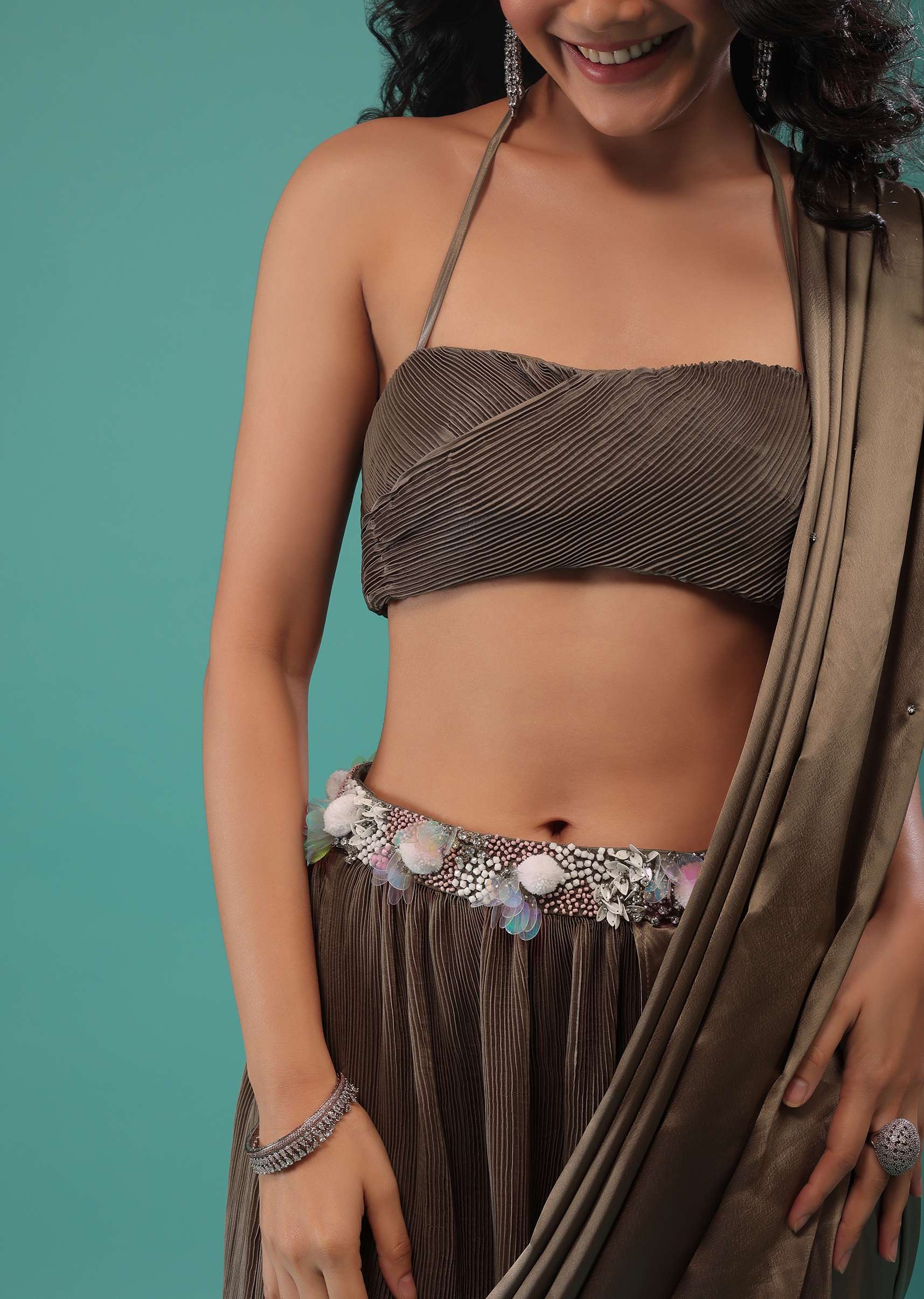 Fossil Brown Pre-Pleated Dhoti Saree In Knitted Pleated Fabric