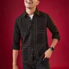 Black Viscose Mandarin Collar Checkered Mens Shirt