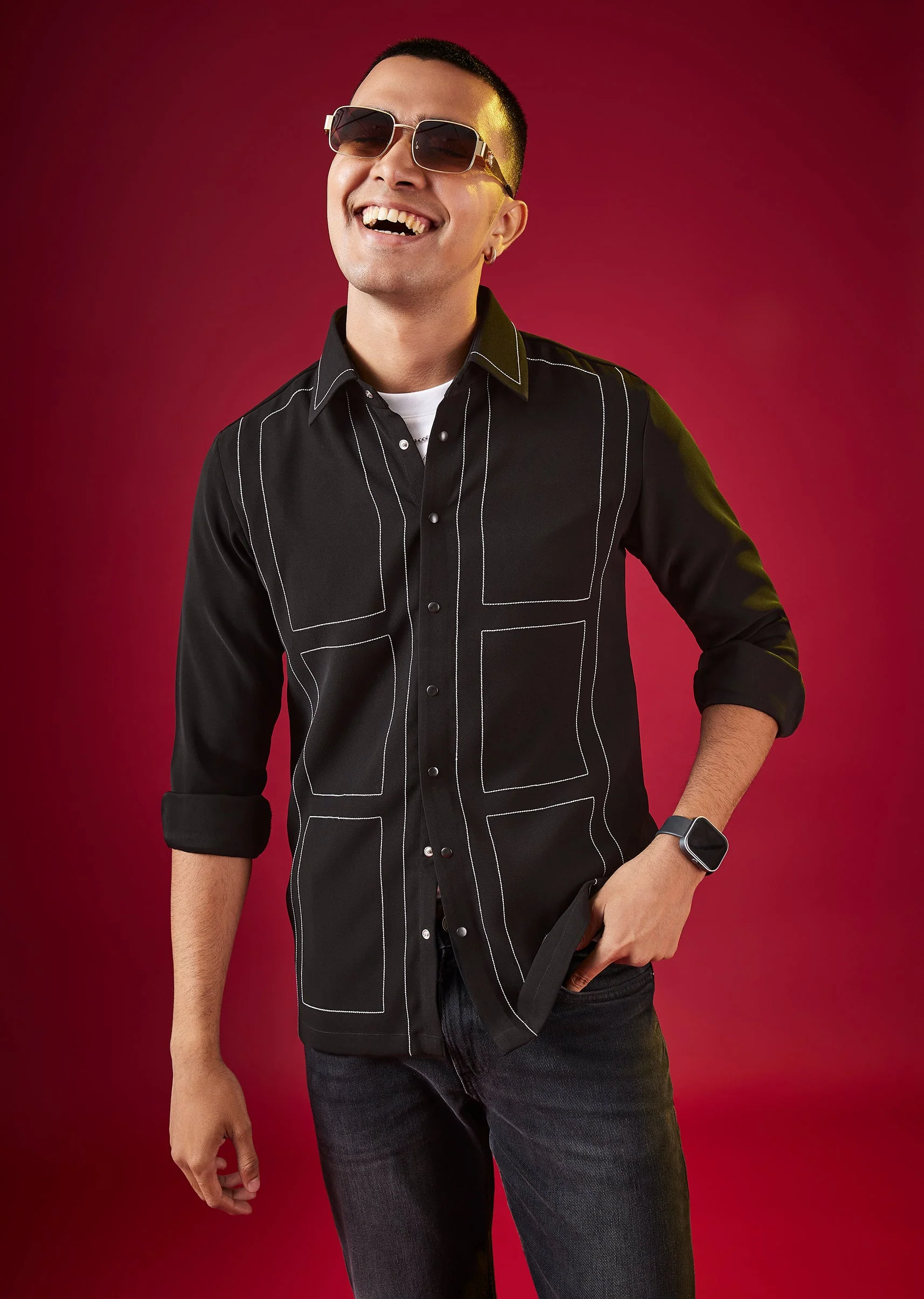 4006-black-viscose-mandarin-collar-checkered-mens-shirt-1.webp Black Viscose Mandarin Collar Checkered Mens Shirt