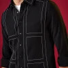 Black Viscose Mandarin Collar Checkered Mens Shirt