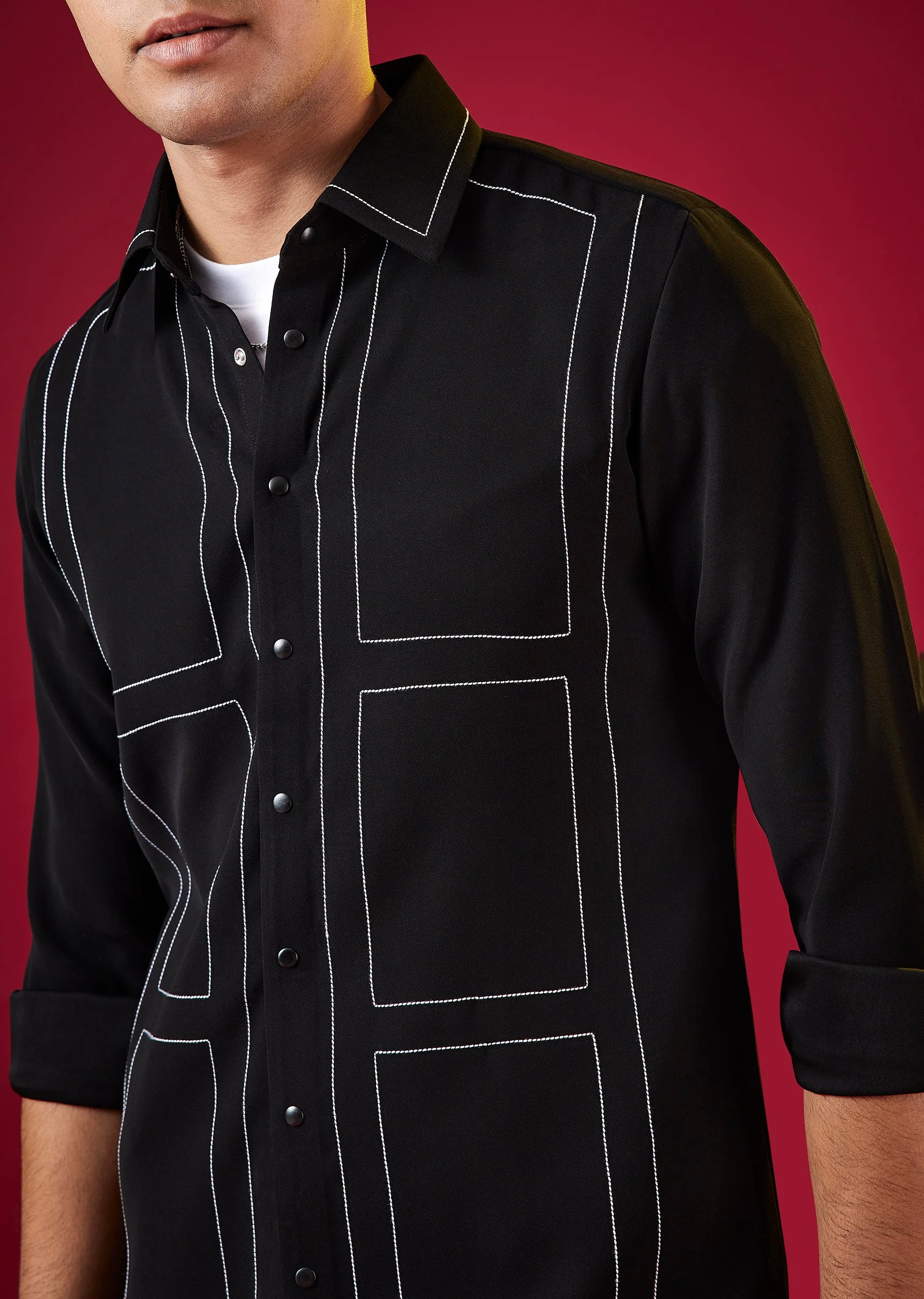 Black Viscose Mandarin Collar Checkered Mens Shirt