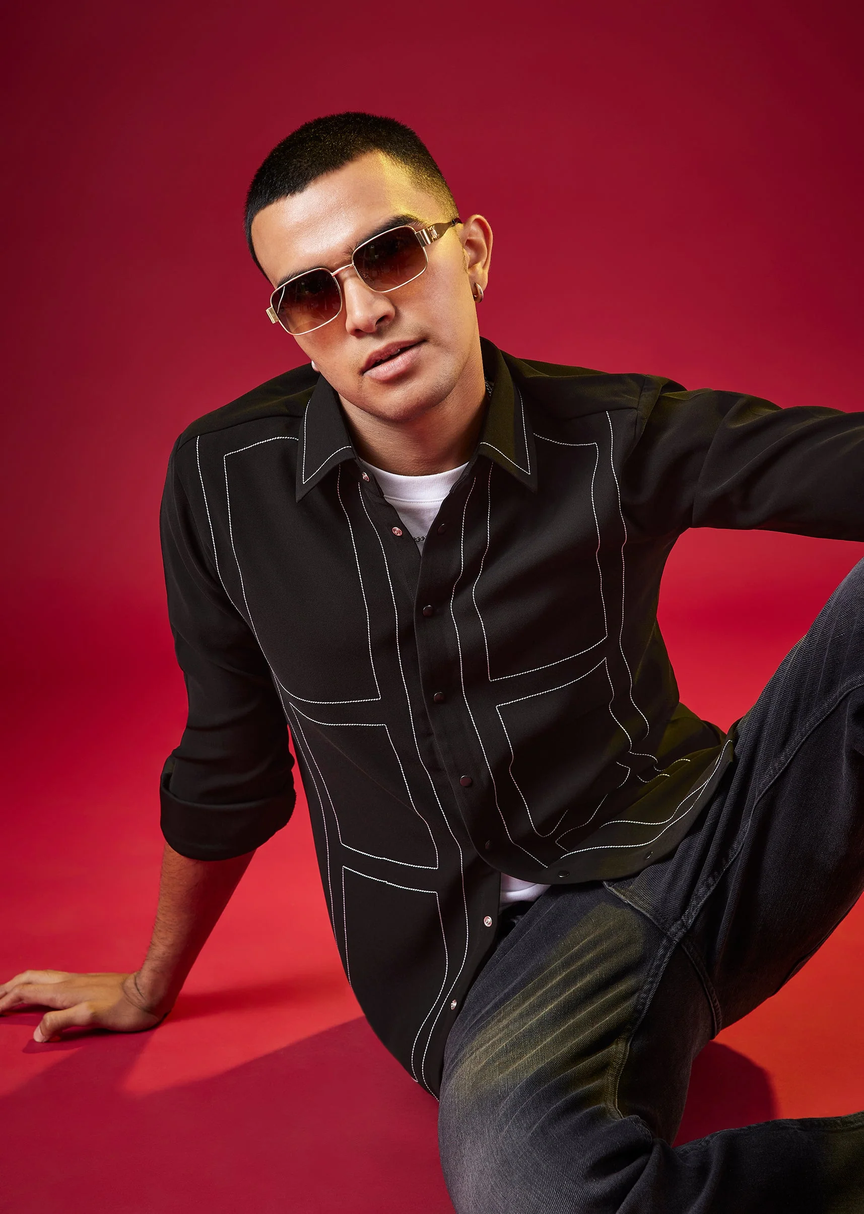Black Viscose Mandarin Collar Checkered Mens Shirt