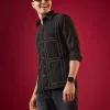 Black Viscose Mandarin Collar Checkered Mens Shirt