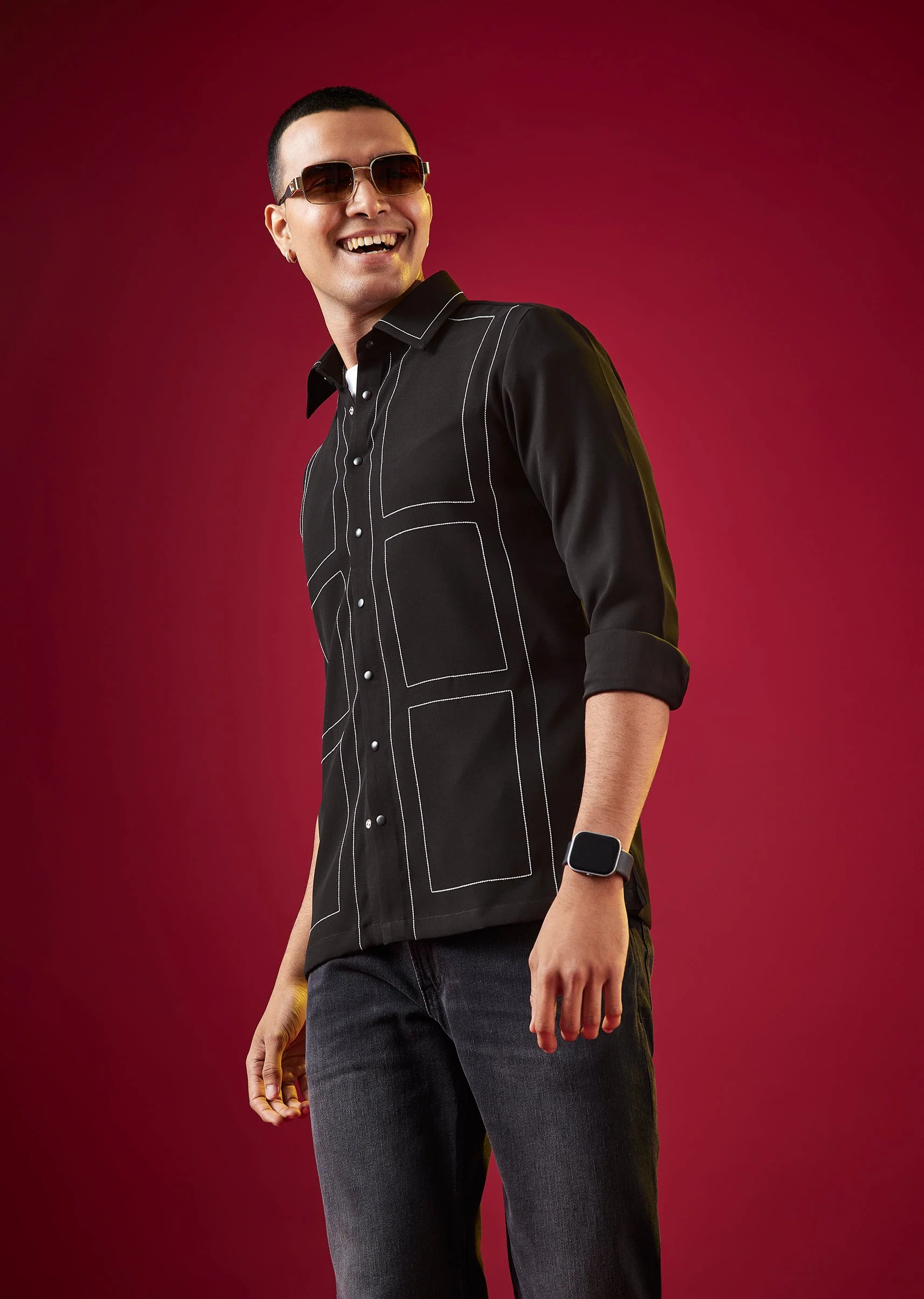 Black Viscose Mandarin Collar Checkered Mens Shirt