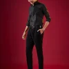 Black Patchwork Embroidered Mens Shirt