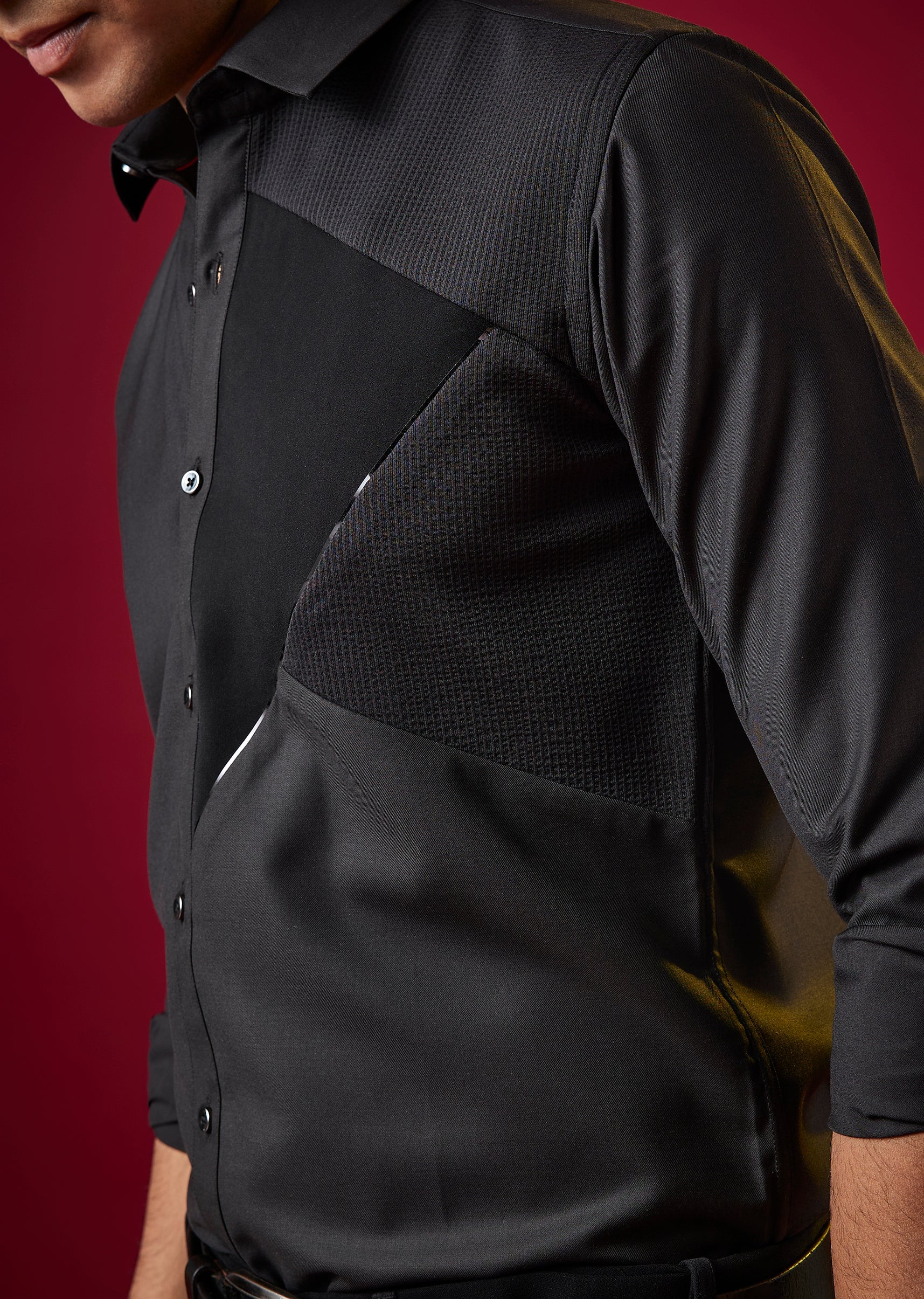 Black Patchwork Embroidered Mens Shirt