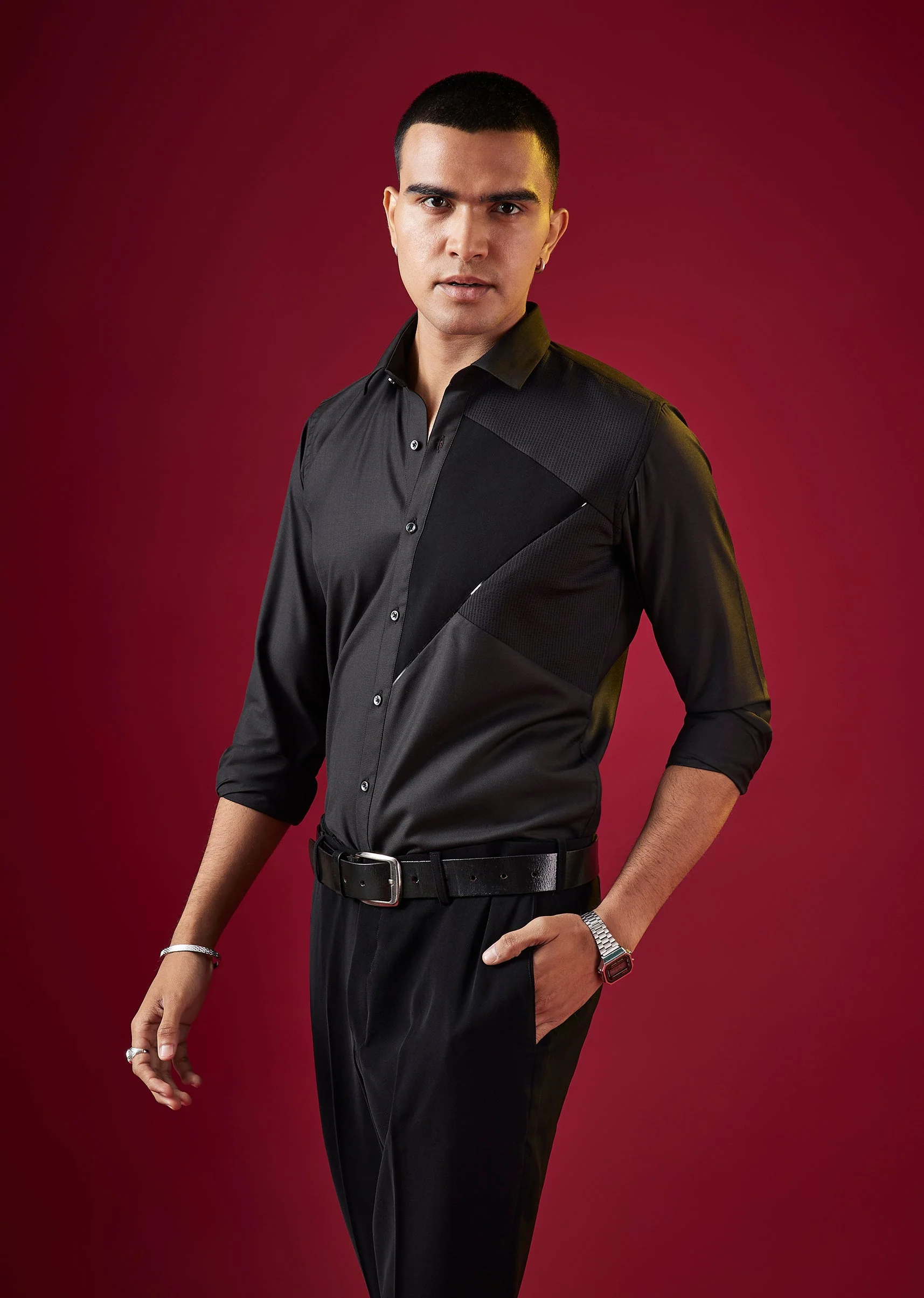 Black Patchwork Embroidered Mens Shirt