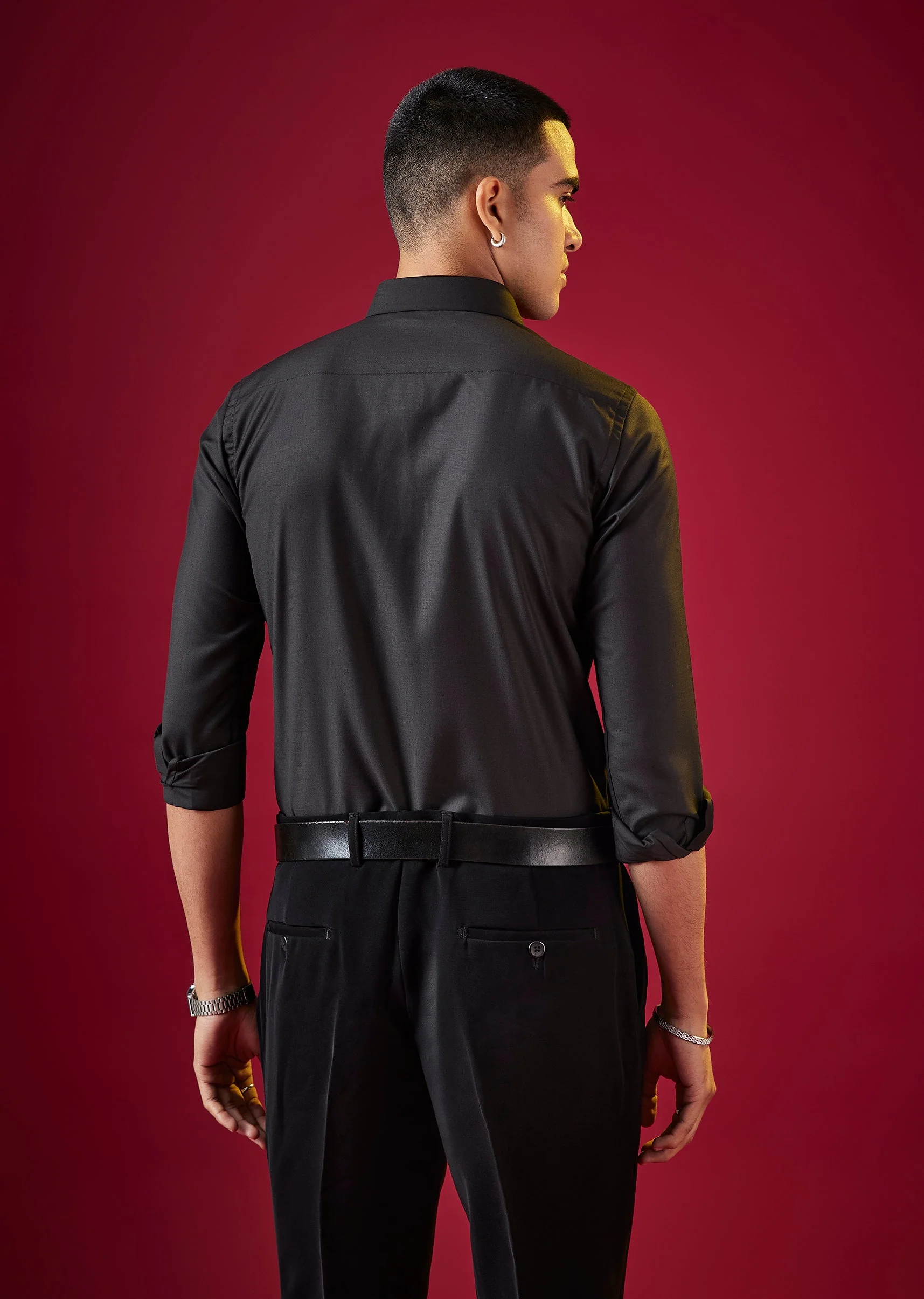 Black Patchwork Embroidered Mens Shirt