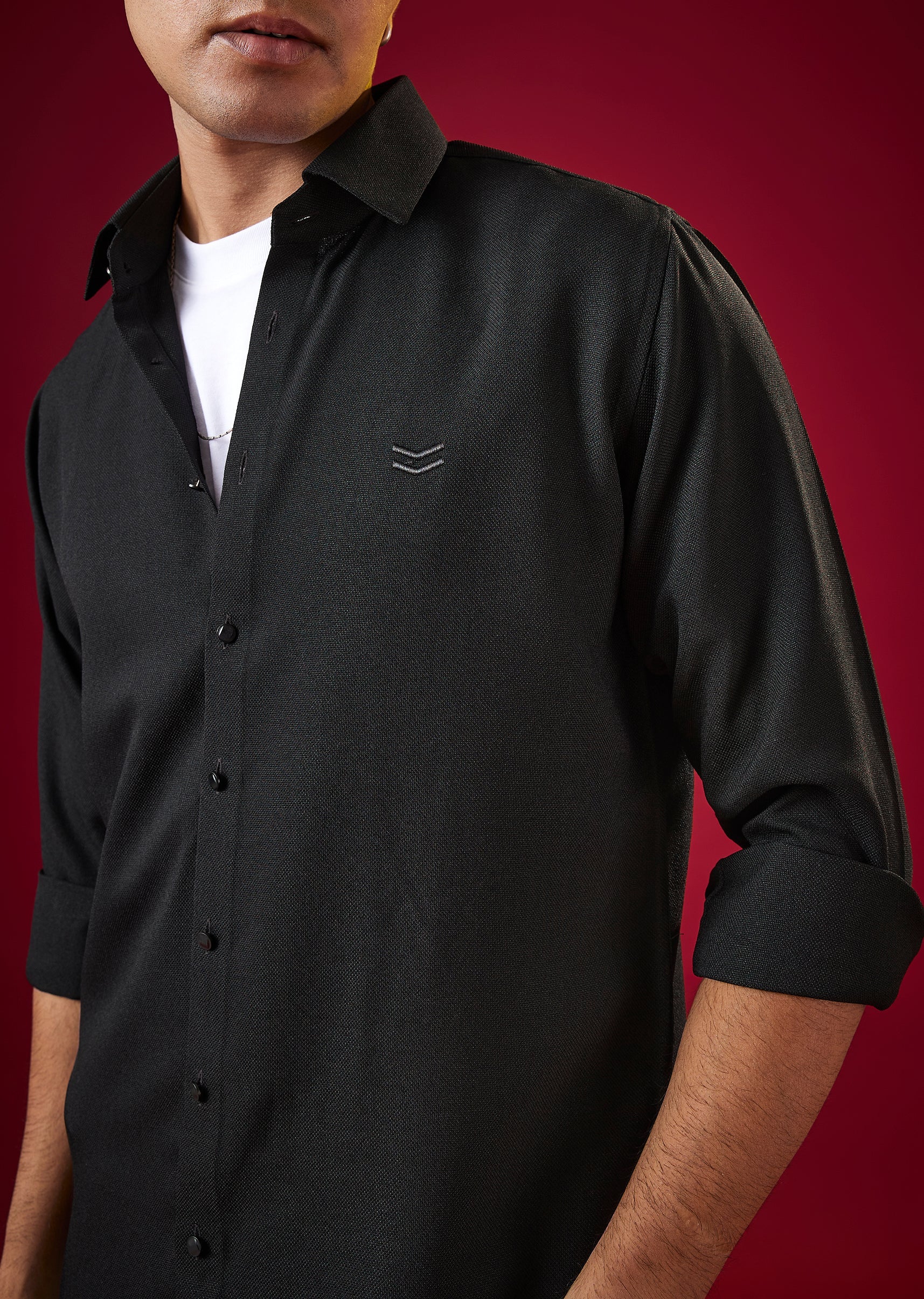 Black Viscose Mandarin Collar Mens Shirt