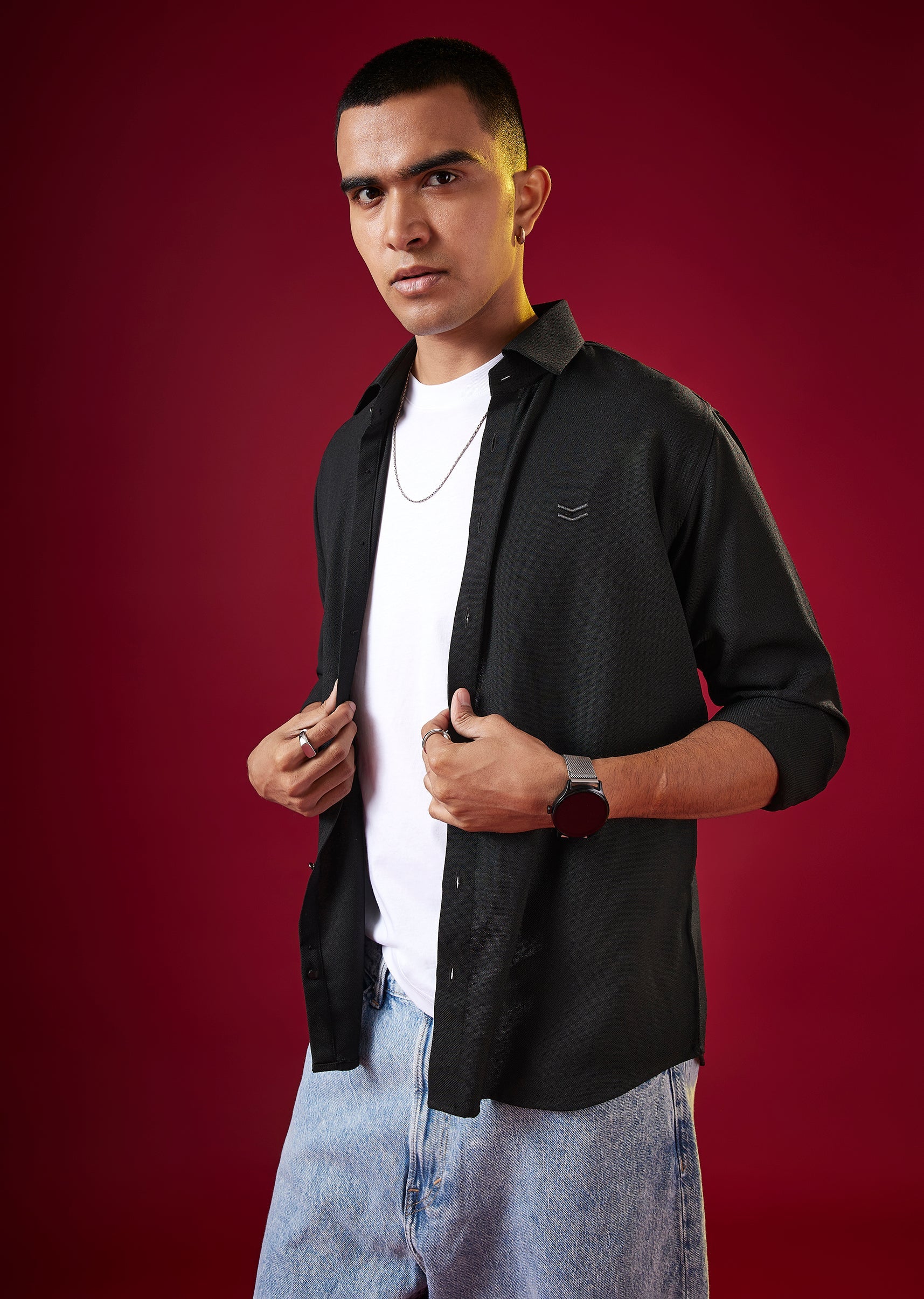 Black Viscose Mandarin Collar Mens Shirt