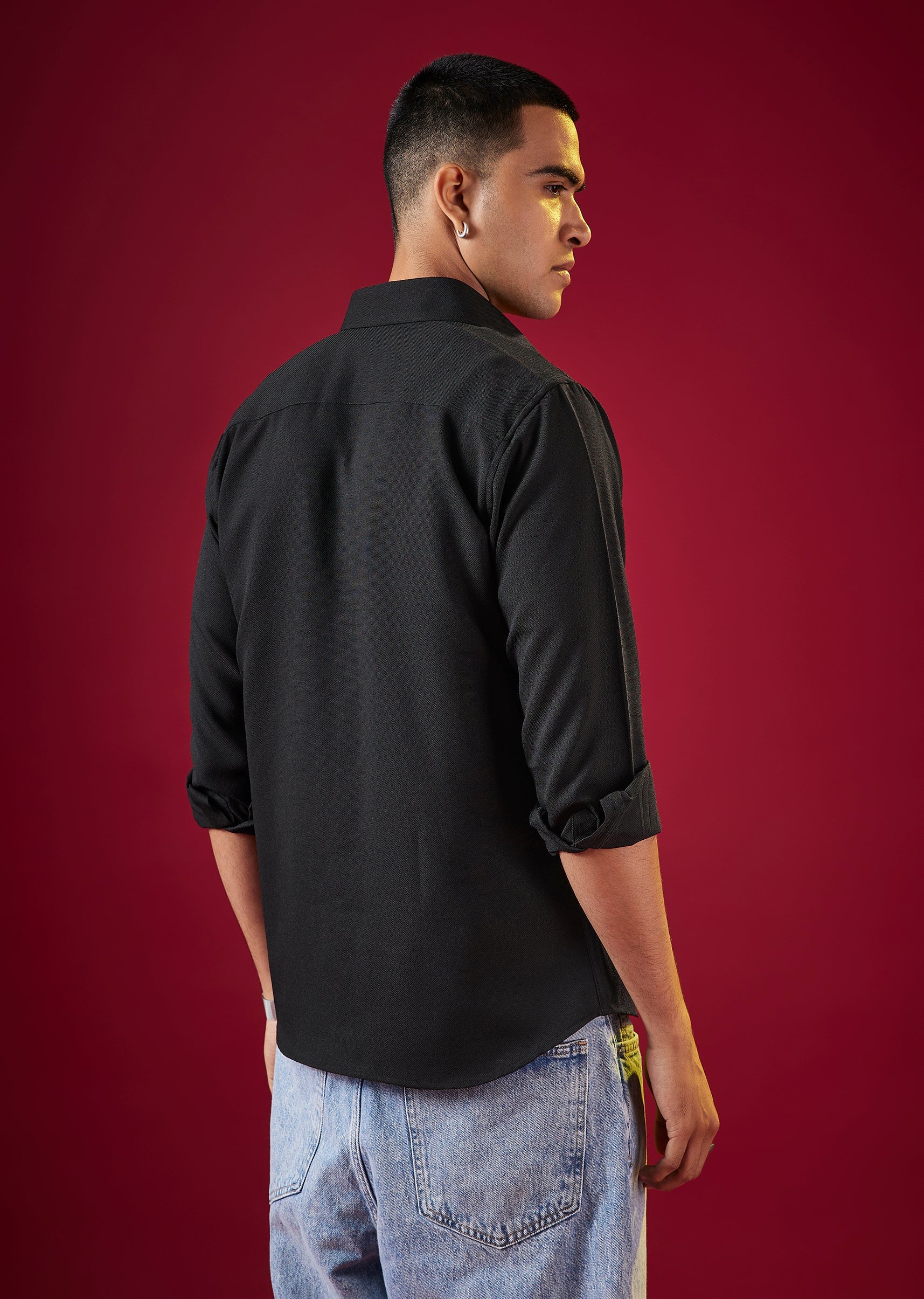 Black Viscose Mandarin Collar Mens Shirt