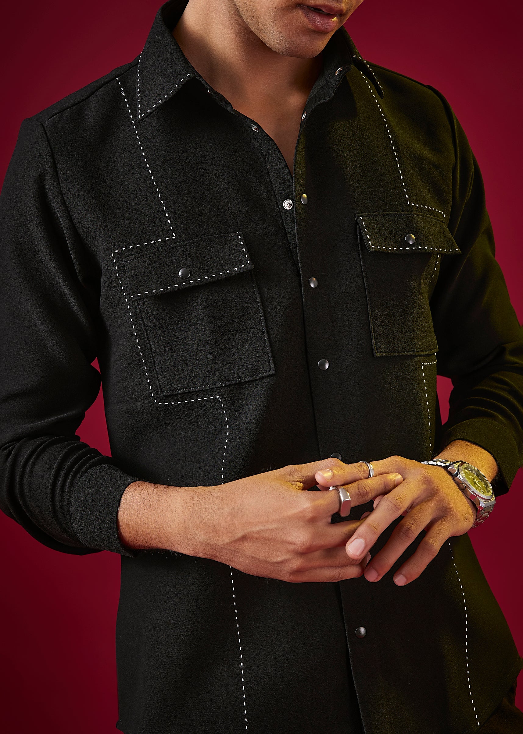 Black Viscose Resham Embroidered Mens Shirt