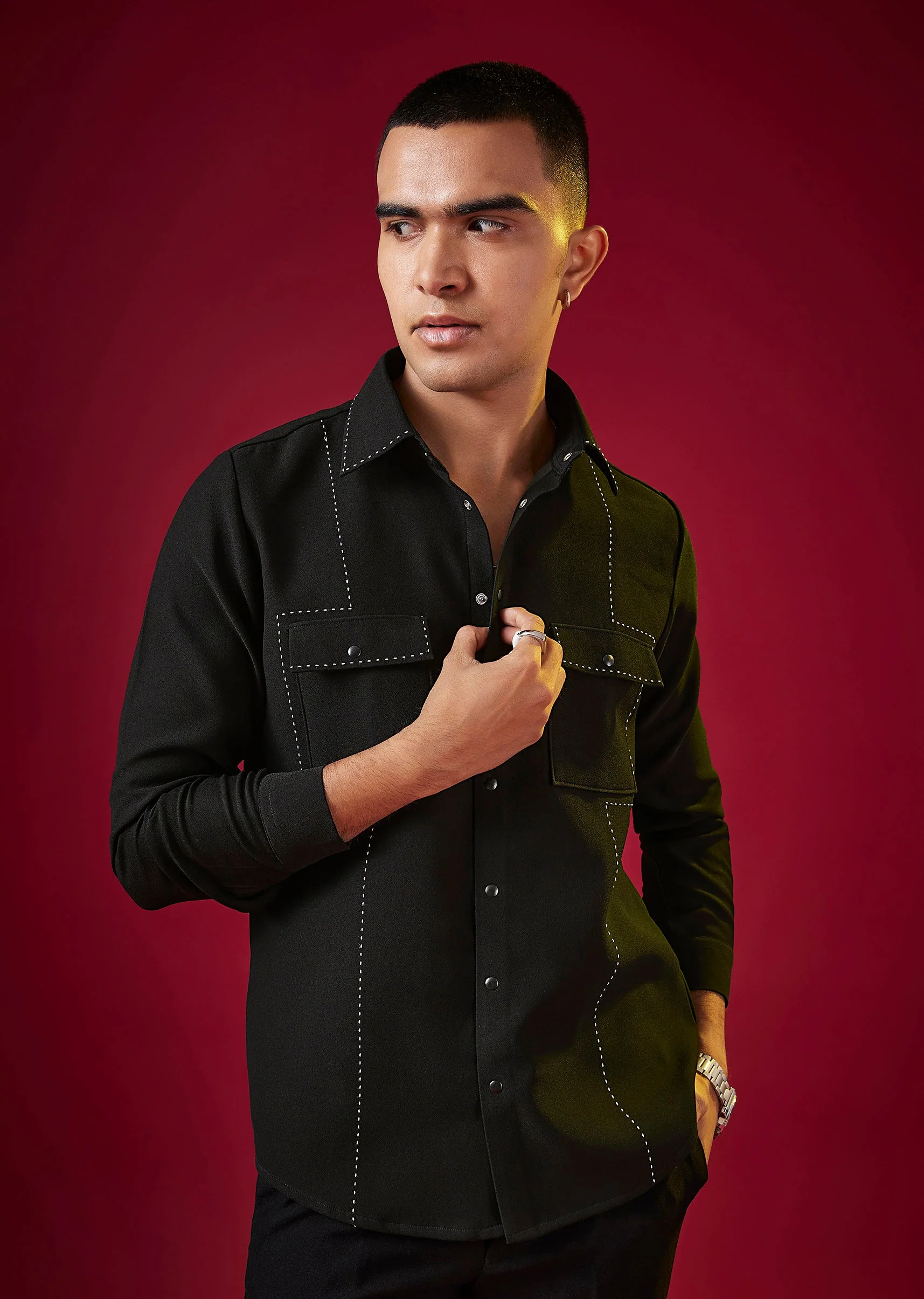 Black Viscose Resham Embroidered Mens Shirt